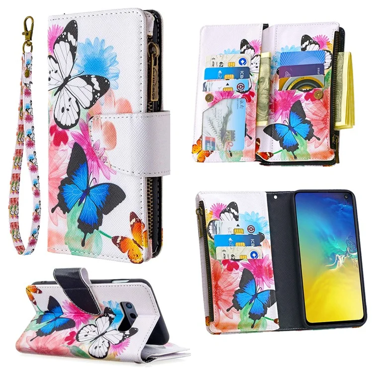 Carteira de Zíper com Padrão com 9 Compartimentos para Cartões de Couro Capa Elegante para Samsung Galaxy S10e - Três Borboletas