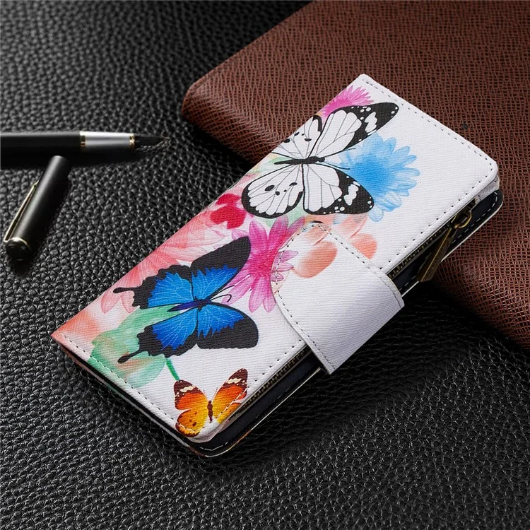 Carteira de Zíper com Padrão com 9 Compartimentos para Cartões de Couro Capa Elegante para Samsung Galaxy S10e - Três Borboletas