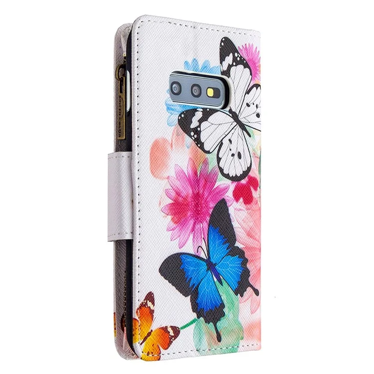 Carteira de Zíper com Padrão com 9 Compartimentos para Cartões de Couro Capa Elegante para Samsung Galaxy S10e - Três Borboletas