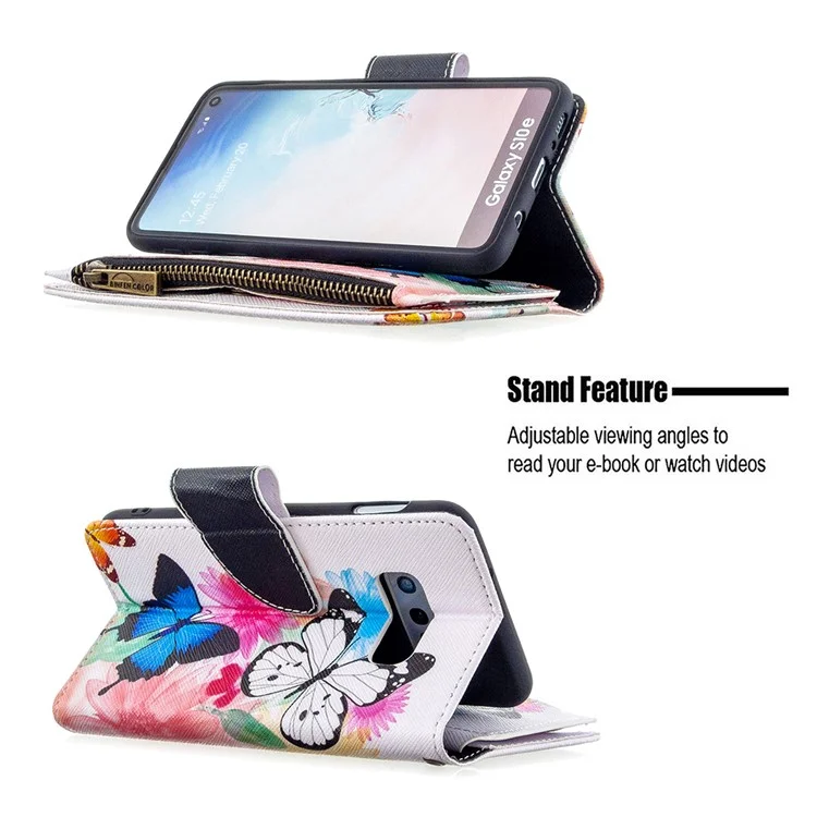 Carteira de Zíper com Padrão com 9 Compartimentos para Cartões de Couro Capa Elegante para Samsung Galaxy S10e - Três Borboletas
