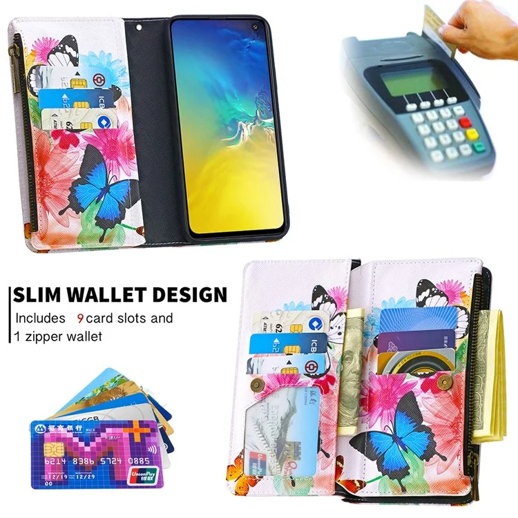 Carteira de Zíper com Padrão com 9 Compartimentos para Cartões de Couro Capa Elegante para Samsung Galaxy S10e - Três Borboletas