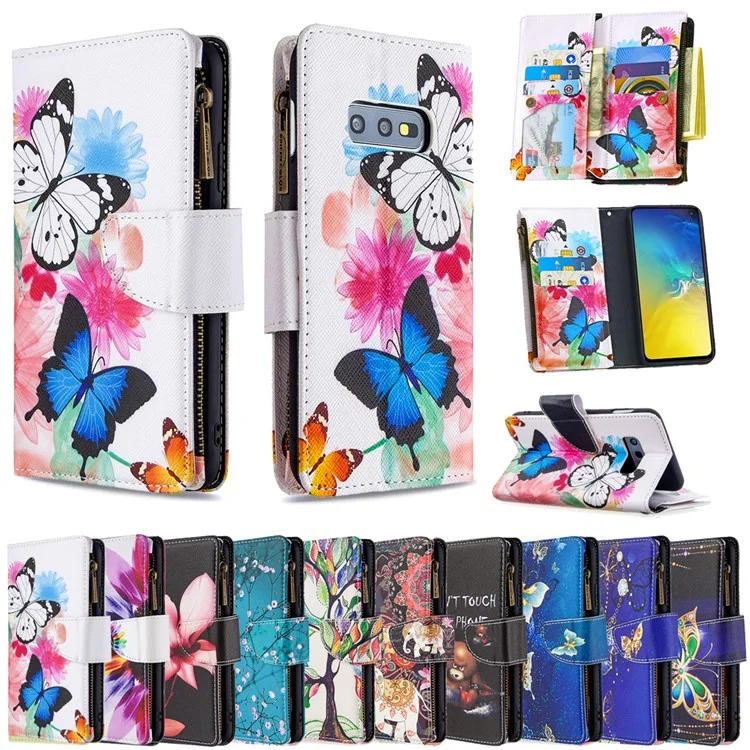 Carteira de Zíper com Padrão com 9 Compartimentos para Cartões de Couro Capa Elegante para Samsung Galaxy S10e - Três Borboletas