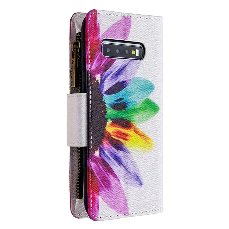 Portefeuille À Glissière À Motifs Multiple Card Slots Cuir Stand Stand Stand De Samsung Galaxy S10 Plus - Fleur Colorée