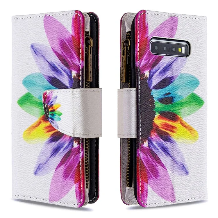 Portafoglio con Cerniera a Fantasia, Più Scomparti per Carte, Supporto per Cellulare in Pelle per Samsung Galaxy S10 Plus - Fiore Colorato