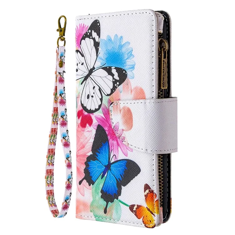 Carteira de Zíper Estampada com 9 Compartimentos para Cartões e Capa de Telefone de Couro para Samsung Galaxy A40 - Três Borboletas
