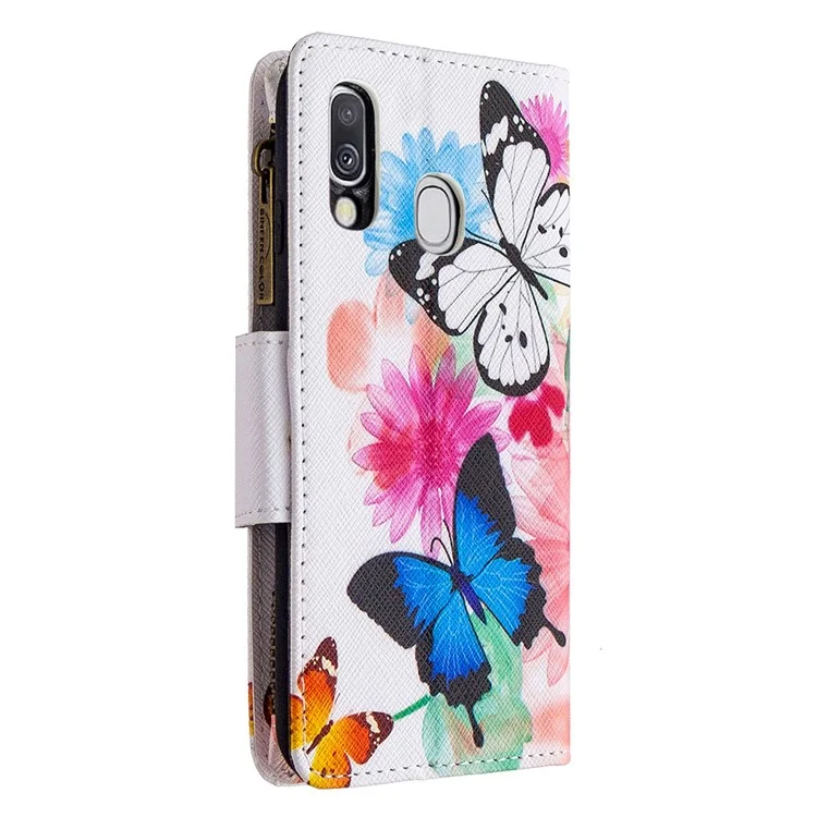 Carteira de Zíper Estampada com 9 Compartimentos para Cartões e Capa de Telefone de Couro para Samsung Galaxy A40 - Três Borboletas