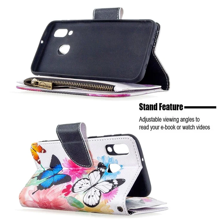 Carteira de Zíper Estampada com 9 Compartimentos para Cartões e Capa de Telefone de Couro para Samsung Galaxy A40 - Três Borboletas