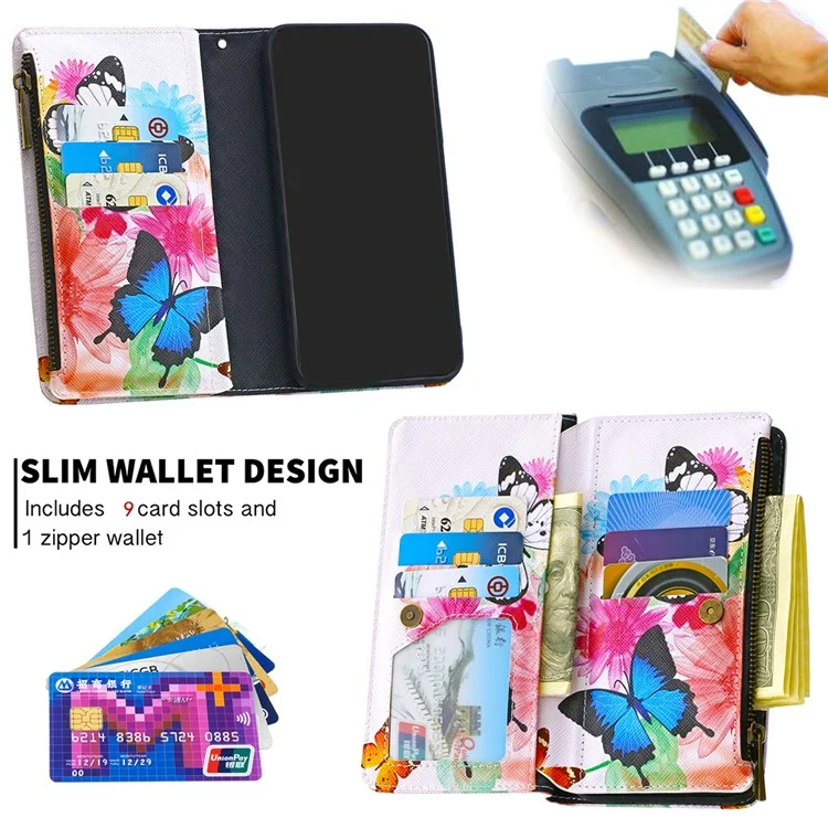 Carteira de Zíper Estampada com 9 Compartimentos para Cartões e Capa de Telefone de Couro para Samsung Galaxy A40 - Três Borboletas