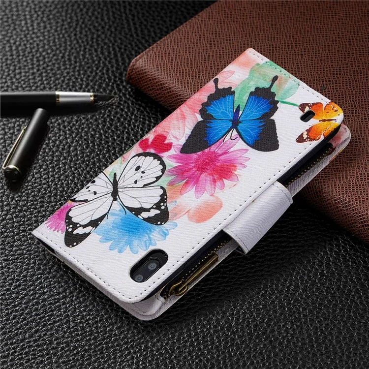 Patterned 9 Card Slots Zipper Wallet Leather Phone Case for Samsung Galaxy A10/M10 - Three Butterflies