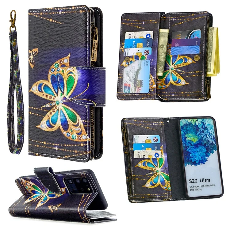 Patrón Zipper Pocket 9 Tarjetas Slots Cartera De Cuero Funda Para Teléfono Para Samsung Galaxy S20 Ultra - Mariposa De Oro