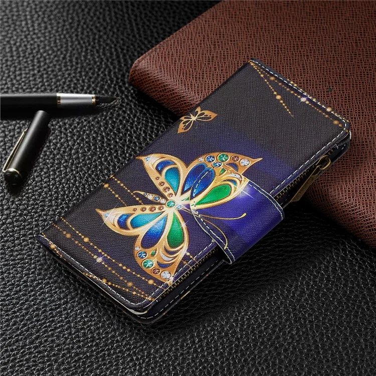 Patrón Zipper Pocket 9 Tarjetas Slots Cartera De Cuero Funda Para Teléfono Para Samsung Galaxy S20 Ultra - Mariposa De Oro