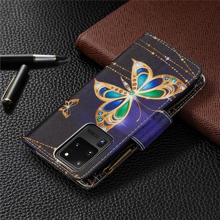 Patrón Zipper Pocket 9 Tarjetas Slots Cartera De Cuero Funda Para Teléfono Para Samsung Galaxy S20 Ultra - Mariposa De Oro