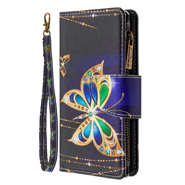 Patrón Zipper Pocket 9 Tarjetas Slots Cartera De Cuero Funda Para Teléfono Para Samsung Galaxy S20 Ultra - Mariposa De Oro