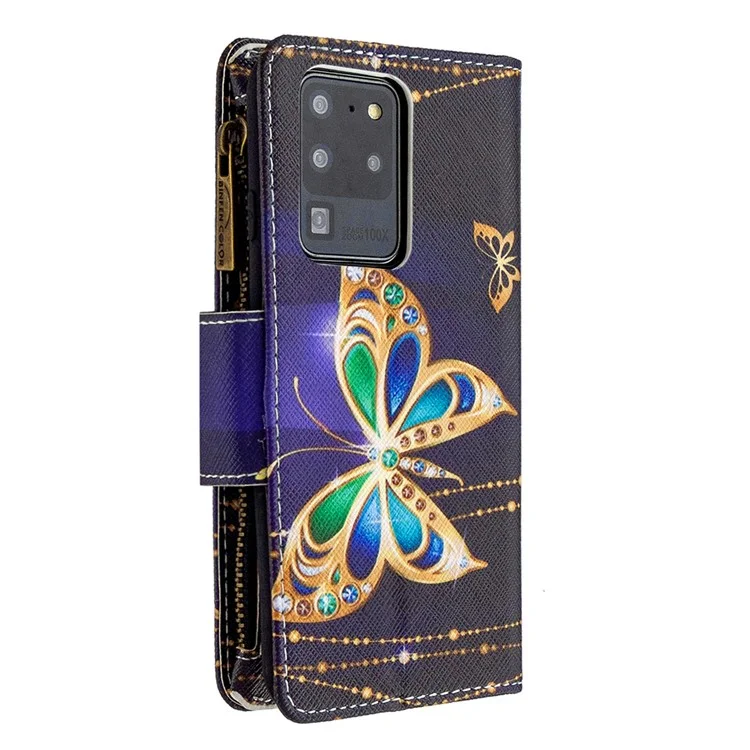 Patrón Zipper Pocket 9 Tarjetas Slots Cartera De Cuero Funda Para Teléfono Para Samsung Galaxy S20 Ultra - Mariposa De Oro