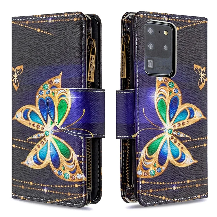 Patrón Zipper Pocket 9 Tarjetas Slots Cartera De Cuero Funda Para Teléfono Para Samsung Galaxy S20 Ultra - Mariposa De Oro
