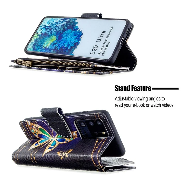 Patrón Zipper Pocket 9 Tarjetas Slots Cartera De Cuero Funda Para Teléfono Para Samsung Galaxy S20 Ultra - Mariposa De Oro