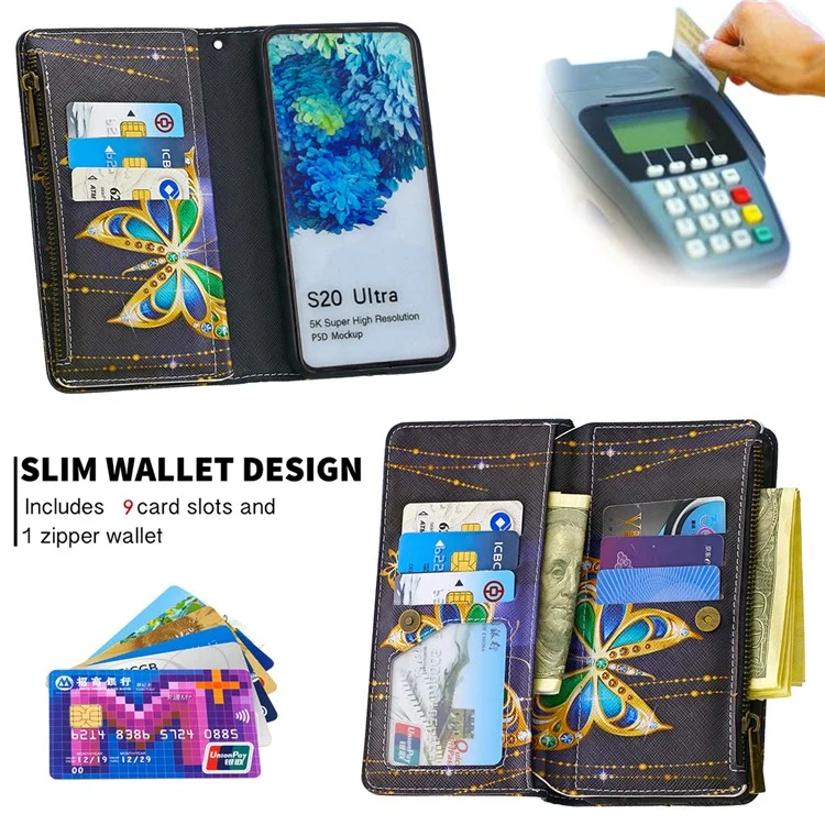 Patrón Zipper Pocket 9 Tarjetas Slots Cartera De Cuero Funda Para Teléfono Para Samsung Galaxy S20 Ultra - Mariposa De Oro