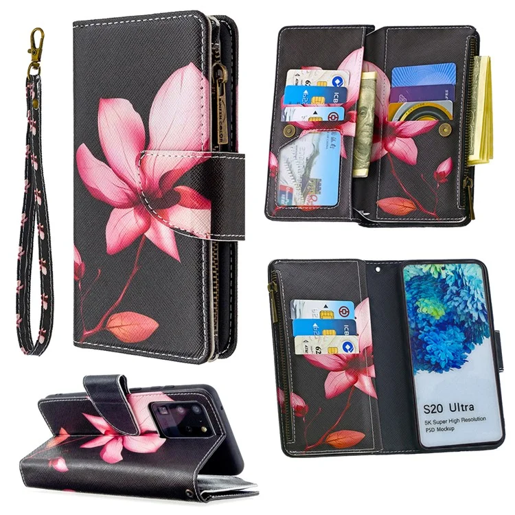 Carteira de Couro com Capa de Celular com Bolso de Zíper, 9 Compartimentos para Cartões, para Samsung Galaxy S20 Ultra - Lotus