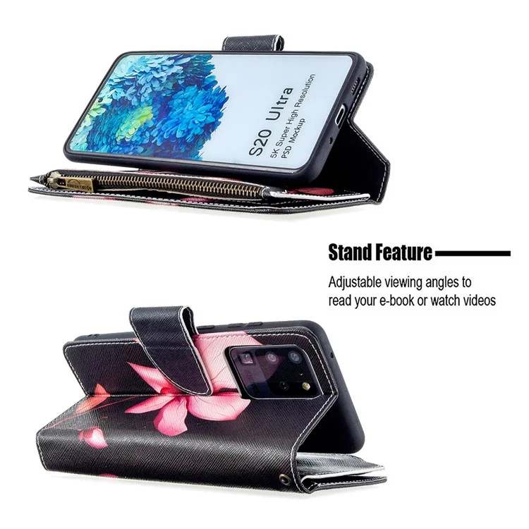 Carteira de Couro com Capa de Celular com Bolso de Zíper, 9 Compartimentos para Cartões, para Samsung Galaxy S20 Ultra - Lotus