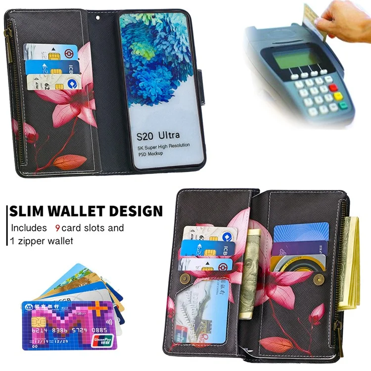 Carteira de Couro com Capa de Celular com Bolso de Zíper, 9 Compartimentos para Cartões, para Samsung Galaxy S20 Ultra - Lotus