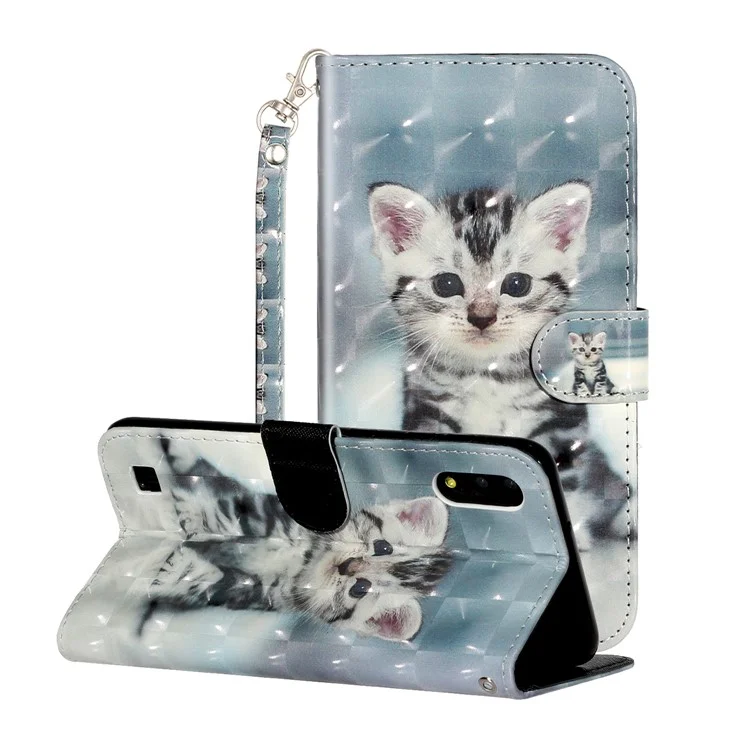 Patterned Embossed Leather Wallet Phone Case with Strap for Samsung Galaxy M10/A10 - Cat