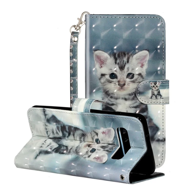 Patterned Embossed Leather Wallet Phone Case with Strap for Samsung Galaxy S10 Plus - Cat