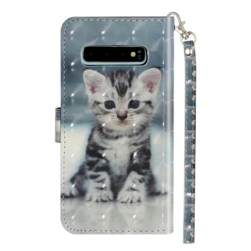Patterned Embossed Leather Wallet Phone Case with Strap for Samsung Galaxy S10 Plus - Cat