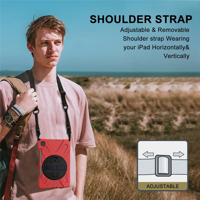 Kickstand Case for Samsung Galaxy Tab S6 Lite (2020) P610 P615 / (2022) / (2024) P620 PC + Silicone Tablet Cover with Shoulder Strap - Red