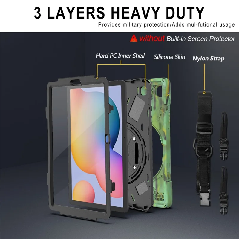 Kickstand Case for Samsung Galaxy Tab S6 Lite (2020) P610 P615 / (2022) / (2024) P620 PC + Silicone Tablet Cover with Shoulder Strap - Camouflage