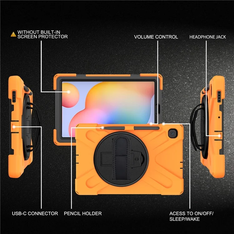 Pc-pc + TPU Pour Samsung Galaxy Tab S6 Lite P610 / P615 / S6 Lite (2022) Avec Sangle à Main [kickstand Rotary à 360 Degrés] - Orange