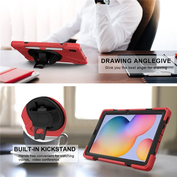 Funda con soporte de PC+TPU en forma de X para Samsung Galaxy Tab S6 Lite (2020) P610 P615 / (2022) / (2024) P620 con correa de mano - Rojo