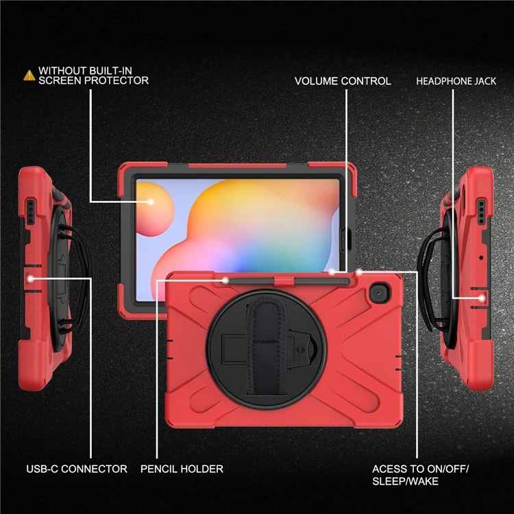 Funda con soporte de PC+TPU en forma de X para Samsung Galaxy Tab S6 Lite (2020) P610 P615 / (2022) / (2024) P620 con correa de mano - Rojo