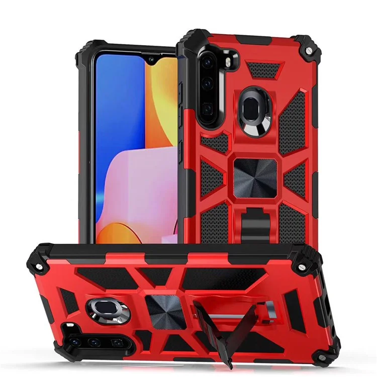 Kickstand Armor Dropproof PC TPU Hybrid Case with Magnetic Metal Sheet for Samsung Galaxy A21 - Red
