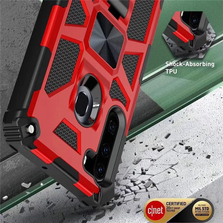 Kickstand Armor Dropproof PC TPU Hybrid Case with Magnetic Metal Sheet for Samsung Galaxy A21 - Red
