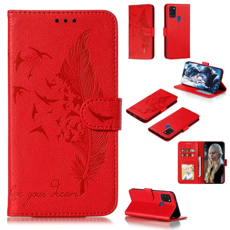 Imprint Feather Litchi Skin Leather Wallet Case for Samsung Galaxy A21s - Red