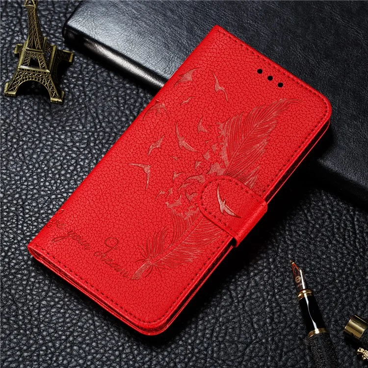 Imprint Feather Litchi Skin Leather Wallet Case for Samsung Galaxy A21s - Red
