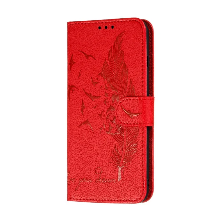 Imprint Feather Litchi Skin Leather Wallet Case for Samsung Galaxy A21s - Red