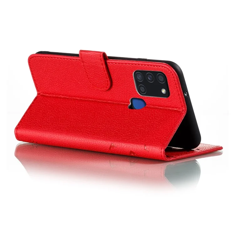 Imprint Feather Litchi Skin Leather Wallet Case for Samsung Galaxy A21s - Red