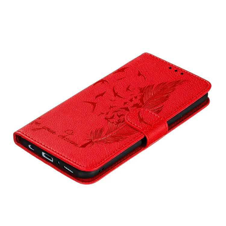 Imprint Feather Litchi Skin Leather Wallet Case for Samsung Galaxy A21s - Red