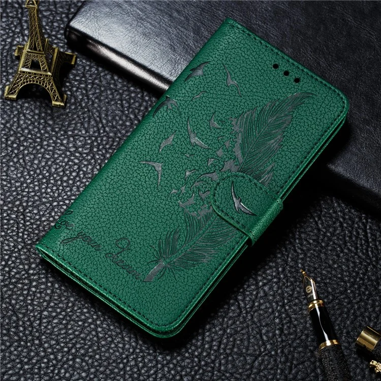 Litchi Texture Imprint Feather Wallet Leather Phone Cover for Samsung Galaxy A31 - Green