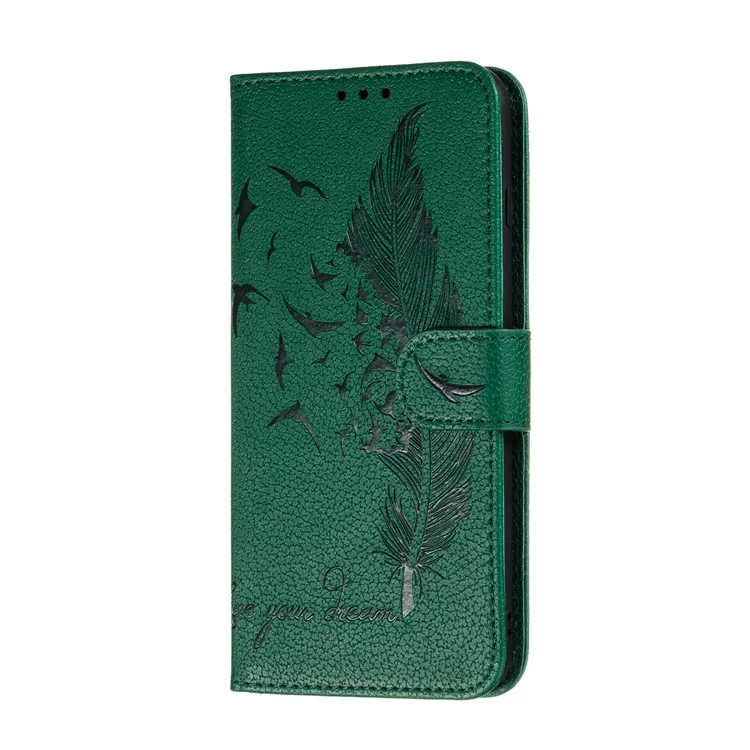 Litchi Texture Imprint Feather Wallet Leather Phone Cover for Samsung Galaxy A31 - Green