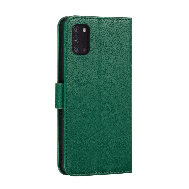 Litchi Texture Imprint Plumas Billetera Cuero Cubierta De Cuero Para Samsung Galaxy A31 - Verde