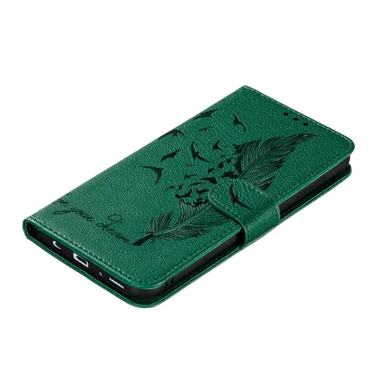 Litchi Texture Imprint Feather Wallet Leather Phone Cover for Samsung Galaxy A31 - Green