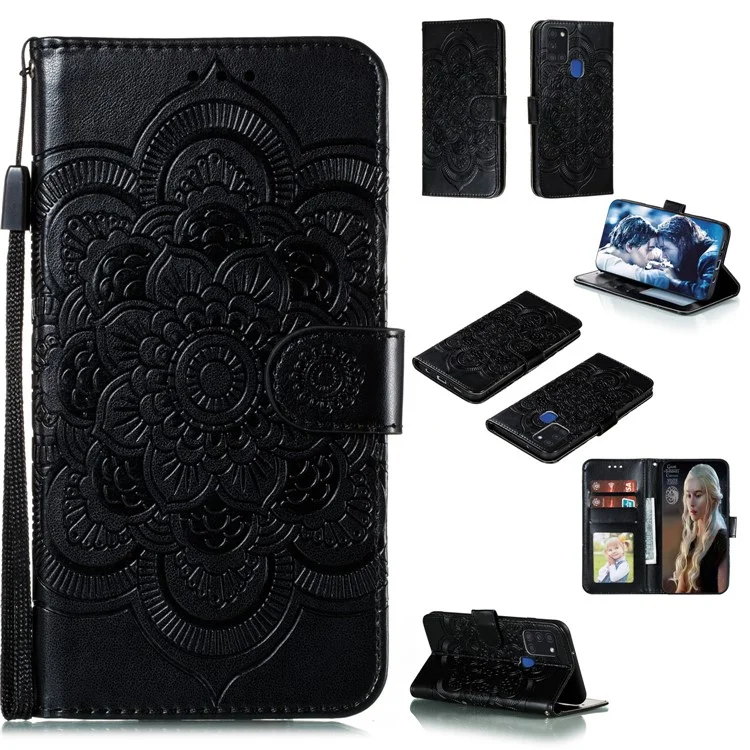 Imprint Mandala Blume Lederschale für Samsung Galaxy A21s - Schwarz