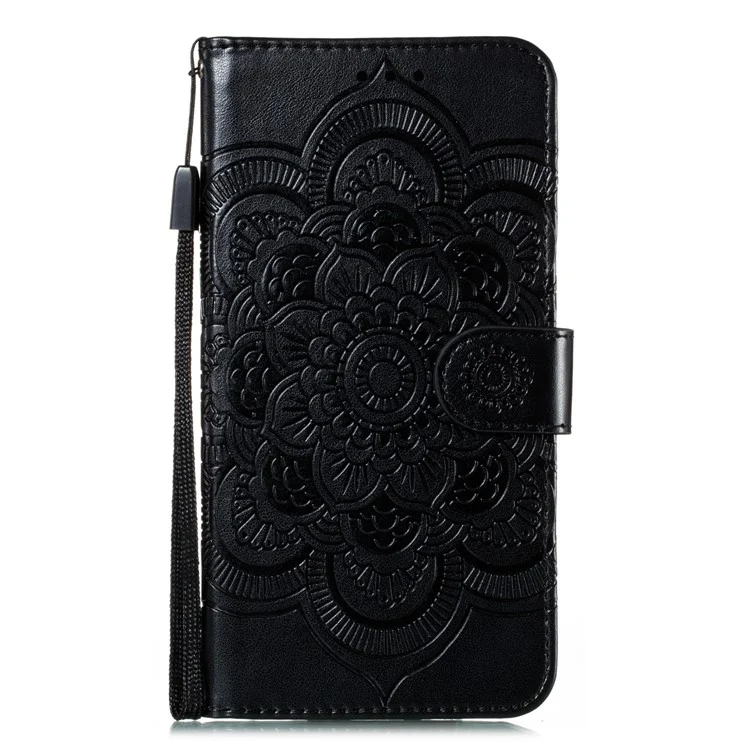 Imprint Mandala Blume Lederschale für Samsung Galaxy A21s - Schwarz