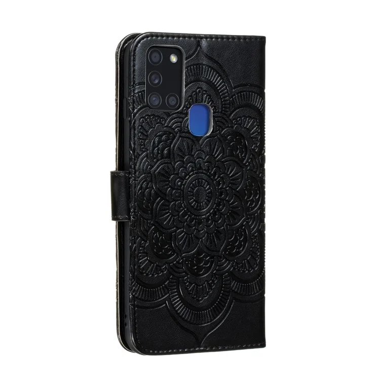 Imprint Mandala Blume Lederschale für Samsung Galaxy A21s - Schwarz