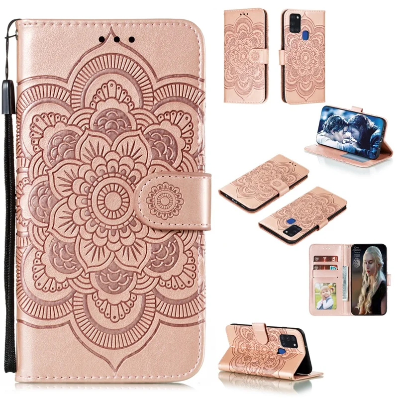 Imprint Mandala Flower Leather Shell for Samsung Galaxy A21s - Rose Gold
