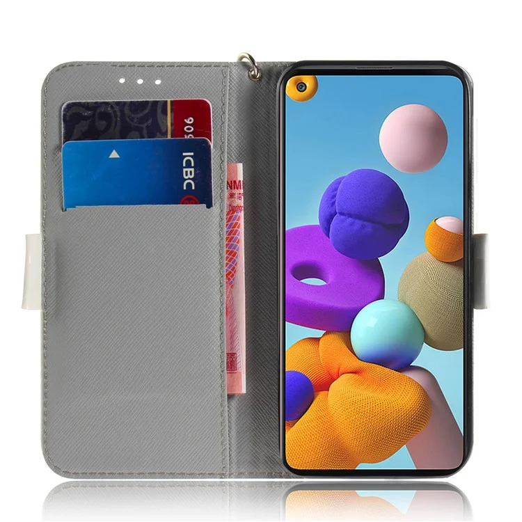 Light Spot Decor Pattern Printing Wallet Stand Leather Case with Strap for Samsung Galaxy A21s - Dog