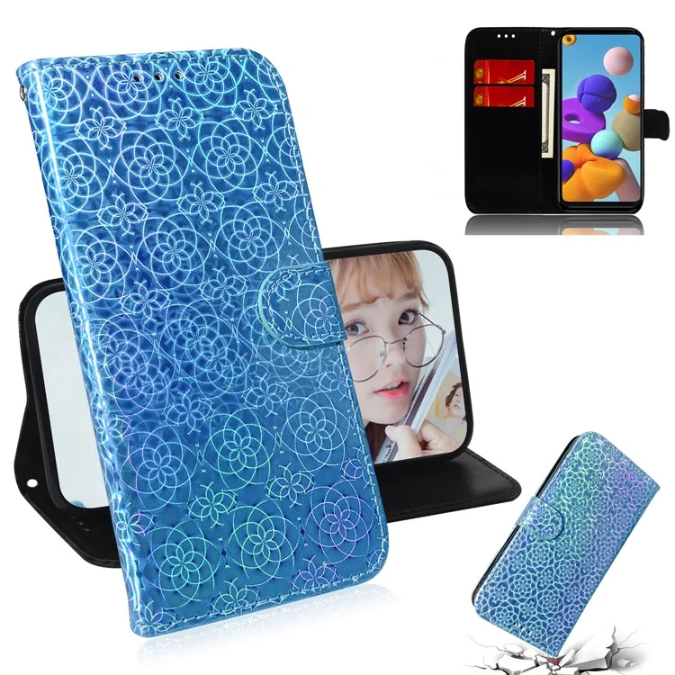 Flower Pattern Leather Stand Wallet Case for Samsung Galaxy A21s - Blue