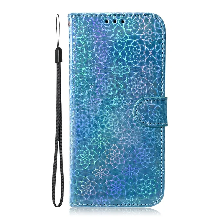 Blume Muster Leder Stehen Geldbörse Hülle für Samsung Galaxy A21s - Blau